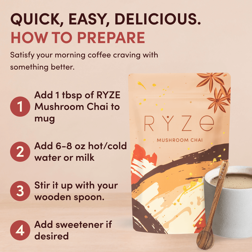 RYZE Mushroom Chai — Organic Instant Chai with Reishi & Organic Black Tea, 20 Servings